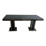 Table de salle � manger en laque noire et laiton avec plateau en verre bois laqu�, ann�es 1970, double ...