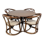 Table de salle à manger ronde en chêne et fauteuils en rotin, set de 5 Table de salle à manger ronde en chêne et fauteuils en rotin, set de 5