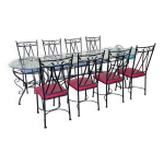 Table en verre et fer avec deux guéridons et 8 chaises Table en verre et fer avec deux guéridons et 8 chaises