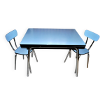 Table vintage  rallonge formica bleu clair 100x70 annes 1960 + 2 chaises