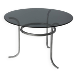 Table vintage ronde pied chrom plateau verre fum