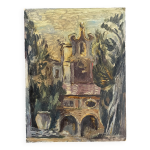 Tableau ancien, glise baroque sur carton
