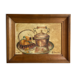 Tableau ancien, nature morte  la thire et aux fruits, dat 1932 et signe