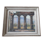 Tableau ancien repr�sentant un paysage avec des colonnes antiques