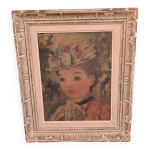 Tableau ancien portrait de femme au chapeau fleuri