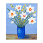 Tableau ancien sign� zj huile sur toile bouquet de jonquilles dans un vase