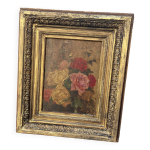 Tableau ancien xix bouquet de roses huile cadre dor� sculpt�