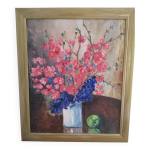 Tableau contemporain de la peintre arlette favory, fleurs roses et bleues dans un vase