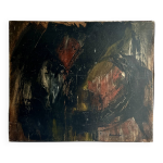 Tableau contemporain sur toile sign, technique mixte art brut, 1954