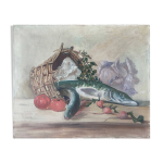 Tableau hst  nature morte au panier et brochet  sign h. baillet 1912
