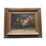 Tableau huile peint sur bois bouquet de roses sign� c. p. , joli cadre artemis 1975, nature morte, cp ...