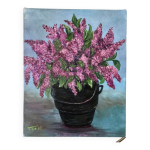 Tableau huile sur toile bouquet de fleurs lilas vintage signe