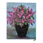 Tableau huile sur toile bouquet de fleurs lilas vintage signe