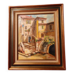Tableau huile sur toile paysage provenal santons encadr sign
