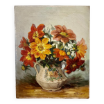 Tableau huile sur toile sign� raymond perisse - bouquet de dahlias - peintre lorrain