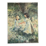 Tableau jeunes filles au jardin huile sur toile signe