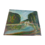 Tableau le moulin au bord du fleuve vintage 1950 non sign