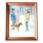 Tableau paysage enneig anim enfants et leur chien toile signe cadre xxe