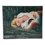 Tableau peinture à l'huile vintage portrait de femme couchée dans l'herbe signé daté Tableau peinture à l'huile vintage portrait de femme couchée dans l'herbe signé daté