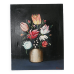 Tableau peinture sur toile nature morte d�coration campagne bouquet fleurs cadre vintage fond noir