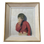 Tableau portrait d'un enfant  la pomme sign paoli vintage 1950