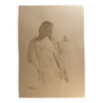 Tableau sign, aquarelle monochrome portait fminin devant le chevalet