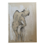 Tableau sign fusain pastel blanc portrait fminin la serviette blanche