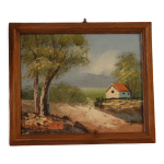 Tableau vintage jardin et maisonnette, cadre en bois Tableau vintage jardin et maisonnette, cadre en bois
