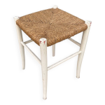 Tabouret ancien en bois blanc + assise paille tresse vintage