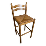 Tabouret de bar haut ancien bois tourn + assise paille vintage