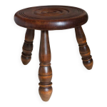 Tabouret bas tripode en bois massif tourn vintage