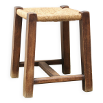 Tabouret en bois avec assise en paille, annes 70