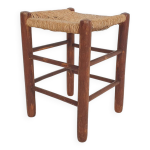 Tabouret en bois et paille, milieu xxme