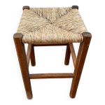 Tabouret bois et paille rustique vintage 1950