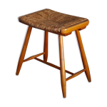 Tabouret style scandinave en paille et bois, annes 1950