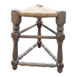 Tabouret tripode bois et paille style neo basque
