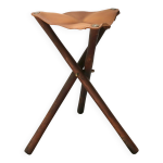 Tabouret tripode pliant en bois et cuir, annes 50