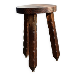 Tabouret tripode vintage rustique en bois massif