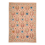 Tapis kilim suzani rose saumon a motifs brods