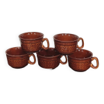 Tasses marron caramel en céramique émaillée avec motif fleurs géométriques années 70 Tasses marron caramel en céramique émaillée avec motif fleurs géométriques années 70