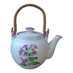 Théière coréenne en céramique blanche motif fleurs roses anse bois vintage Théière coréenne en céramique blanche motif fleurs roses anse bois vintage