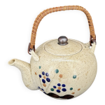 Théière japonaise vintage en grès moucheté à anse bambou Théière japonaise vintage en grès moucheté à anse bambou