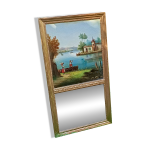 Trumeau ancien décor romantique huile sur toile miroir fin xix début xxème Trumeau ancien décor romantique huile sur toile miroir fin xix début xxème