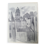 Uzerche, dessin original au fusain par jean villette (1913 - 2005)