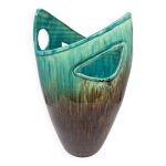 Vase accolay sign� j c en c�ramique marron, bleu france vintage design 1960