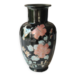 Vase balustre asiatique,  ondulations. en cramique. motifs floraux, oiseau exotique. dcor exclusiv. ...