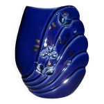 Vase bleu laqu flleurs & feuilles appliques