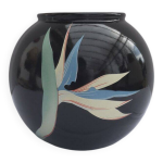 Vase boule c�ramique noir dessin fleur oiseau de paradis ann�es 70 vin