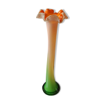 Vase  collerette en verre d art souffl vert et orange