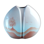 Vase lentille rose, paysage po�tique arbre & vol d'oiseaux - yves mohy, porcelaine de virebent - ann